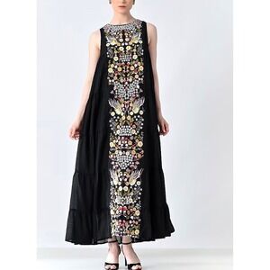 Anthropologie Samant Chauhan Black Embroidered Floral Tiered Maxi Dress Women 12
